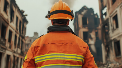 Obraz premium Firefighter in orange uniform stands before burned historical building