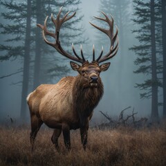 Fototapeta premium Winter photo of red deer. Deer standing in a snowstorm. Trophy deer with antlers in natural habitat. Wildlife photo. 