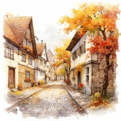 Fototapeta premium A charming watercolor illustration of a medieval village street in autumn. Half-timbered houses with red roofs are surrounded by golden and orange foliage, creating a warm and inviting scene
