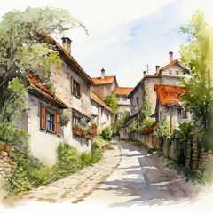Naklejka premium A delightful watercolor depiction of a medieval village street on a sunny summer day. Half-timbered houses with red tiled roofs line the cobblestone path, adorned with potted flowers and greenery