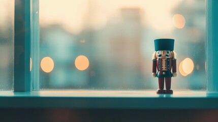 Whimsical nutcracker reflection in a window with bokeh highlights from crazy sock collection