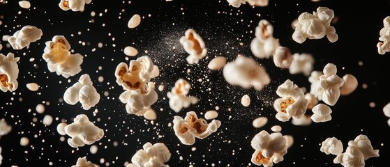 Fototapeta premium Popcorn kernels flying through the air against a dark background, capturing the excitement of movie nights, snacks, and entertainment experiences at home.