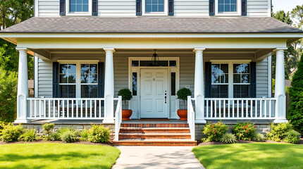 Fototapeta premium Dream House Exterior: Classic Porch, Columns, and Landscaping. A perfect family home with a charming facade and inviting front porch. Find your dream home today!