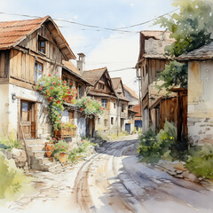 A delightful watercolor depiction of a medieval village street on a sunny summer day. Half-timbered houses with red tiled roofs line the cobblestone path, adorned with potted flowers and greenery