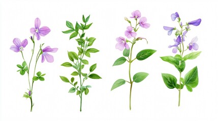 Watercolor Purple Wildflowers: A Botanical Illustration of Delicate Blooms and Green Foliage