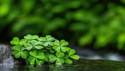 shamrocks plant natural beauty. A symbolic depiction of glowing shamrocks growing beside a crystal-clear brook, symbolizing purity and grace, shamrocks plant natural beauty, conceptual water scene