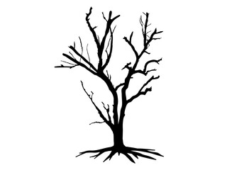 Black Branch Tree or Naked trees and root silhouettes. Hand drawn isolated illustrations.