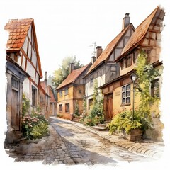 Naklejka premium A delightful watercolor depiction of a medieval village street on a sunny summer day. Half-timbered houses with red tiled roofs line the cobblestone path, adorned with potted flowers and greenery