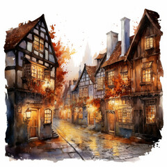 A watercolor painting of a medieval street in autumn, illuminated by warm lights from windows and lanterns. The cobblestone path reflects the golden glow, and vibrant fall leaves add a touch of magic