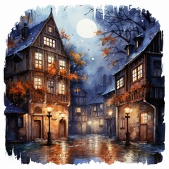 A watercolor painting of a medieval street in autumn, illuminated by warm lights from windows and lanterns. The cobblestone path reflects the golden glow, and vibrant fall leaves add a touch of magic