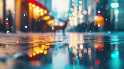 Obraz premium Magical winter wonderland with reindeer reflection in vibrant city lights