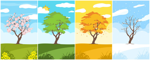 Set trees of four season. Hand drawn isolated illustrations