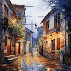Fototapeta premium A watercolor painting of a medieval street in autumn, illuminated by warm lights from windows and lanterns. The cobblestone path reflects the golden glow, and vibrant fall leaves add a touch of magic