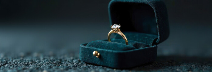 Banner gold ring with diamonds in an emerald velvet box on a dark green festive background with space for text. Blank, template, empty space