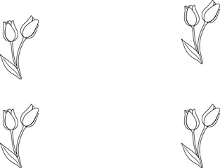 Simple tulip sketches, minimalist floral design, repeating pattern, black and white line drawing, botanical illustration, four tulips arranged symmetrically, clean graphic style, delicate flower outli