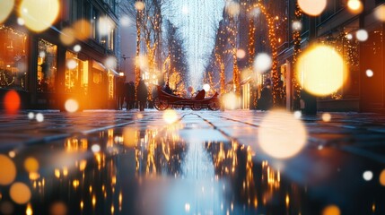 Festive reindeer and sleigh reflection in a sparkling holiday street scene