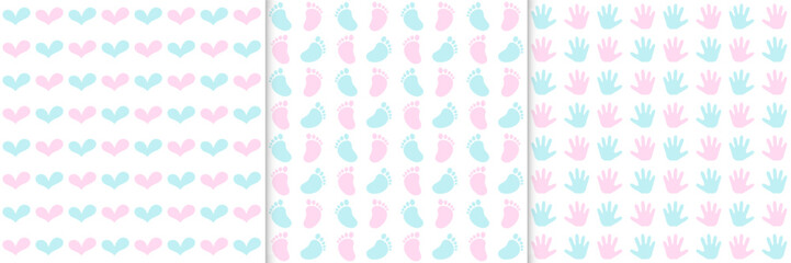 Pink and Blue Seamless Pattern Collection. Cute Baby Gender Reveal Party Backgrounds Set.