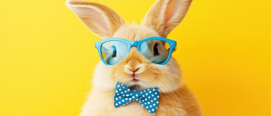 Rabbit wearing blue glasses and a polka dot bow tie against a bright yellow background, showcasing playful pet style and cheerful animal photography.