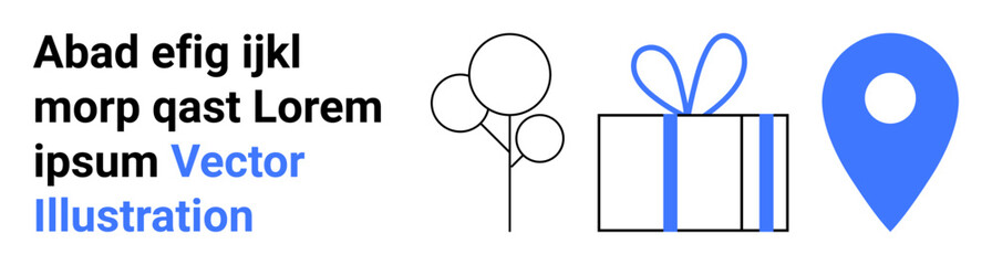 Balloons next to text, wrapped gift, and blue location pin. Ideal for celebrations, parties, gift giving, location marking, navigation event planning online invitations. Landing page