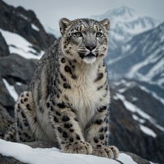 Obraz premium Picture a snow leopard resting on a rocky outcrop in the Himalayas. 