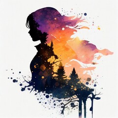  A captivating watercolor silhouette of a woman's profile blending into a vibrant sunset scene with trees and splattered paint effects. The artwork radiates creativity and dreaminess