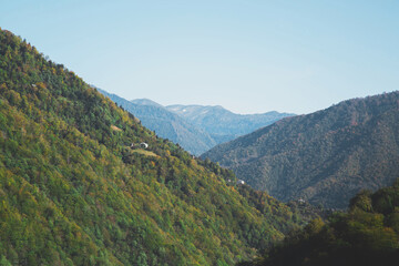 Fototapeta premium Vibrant green mountains in the scenic region of Adjara, Georgia, with layers of peaks fading into the distance under a bright, clear sky, concept of travel, trekking