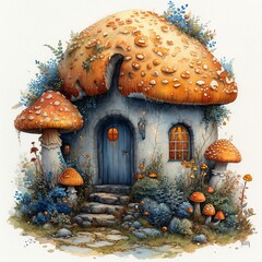 A magical watercolor illustration of a cozy mushroom house with glowing windows, nestled in a lush forest. Orange mushrooms and vibrant greenery create a fairy-tale ambiance