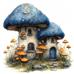 A whimsical watercolor illustration of mushroom-shaped houses with blue caps, surrounded by orange mushrooms and wildflowers. The scene evokes a magical, fairy-tale-like atmosphere