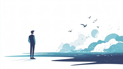 Obraz premium Businessman Contemplates Vast Ocean and Imminent Wave: A Visual Metaphor for Overcoming Challenges