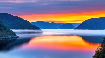 Fototapeta premium Serene landscape at sunrise with misty water and colorful sky.