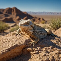 Fototapeta premium A majestic iguana basking on a rock in a sunny desert. A bearded dragon basking on a warm rock in a desert-themed setup. 