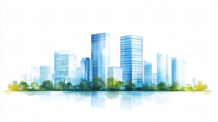 Fototapeta premium Modern Cityscape Watercolor Painting: Urban Landscape with Green Trees and Building Reflections