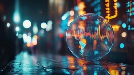 A futuristic crystal globe displays dynamic financial data against a vibrant night cityscape backdrop, symbolizing the global interconnectedness of modern finance.