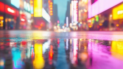 Obraz premium Vibrant neon reflections in urban puddle for creative design and abstract concepts