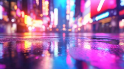Neon night reflections in puddle creating vibrant urban abstract scene