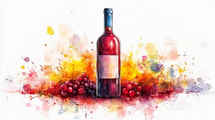 Elegant Bottle of Wine Surrounded by Fresh Juicy Grapes on a Bright White Background Highlighting Quality