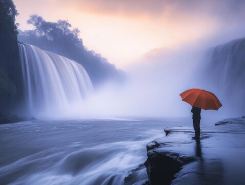 Tranquil Waterfall Scene with Person Holding Umbrella at Dawn