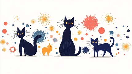 Whimsical Cat Illustration: Playful Feline Friends on a White Background with Colorful Accents