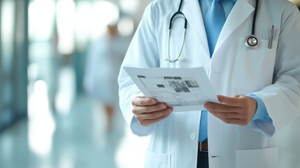 Doctor examining patient information in hospital setting