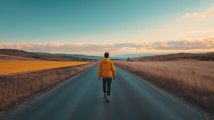 A person walking toward the horizon with an open road ahead, symbolizing the concept of personal independence and freedom.