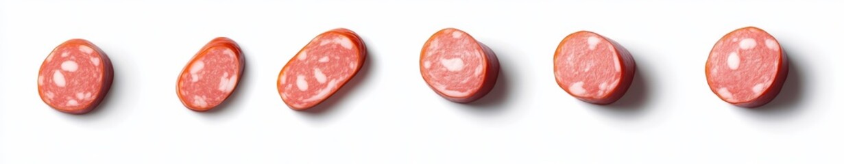Fototapeta premium Seven slices of sausage on white background.