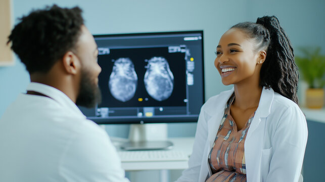 A modern prenatal ultrasound session in a hospital, where a female doctor examines a fetus on a computer monitor. A pregnant woman smiles warmly as her boyfriend sits beside her, o - Powered by Adobe