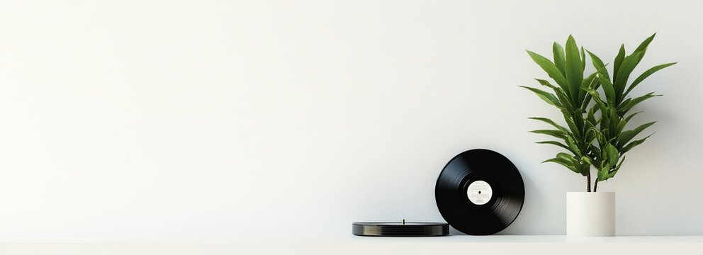 Vinyl record, plant, and minimalist decor on a white shelf.
