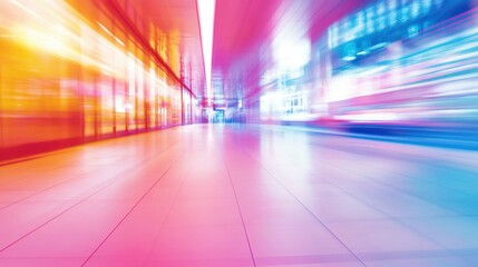 Vibrant abstract view of food court with blurred neon cityscape background
