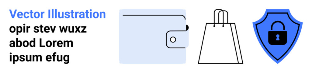 Digital wallet, shopping bag, and shield with lock icons representing secure online transactions. Ideal for e-commerce, cybersecurity, digital payments, shopping, financial security, online