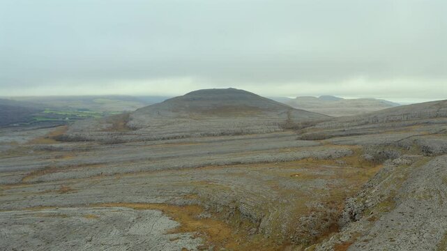 Tracking Aerial of Picturesque Limestone Hills in Burren National Park