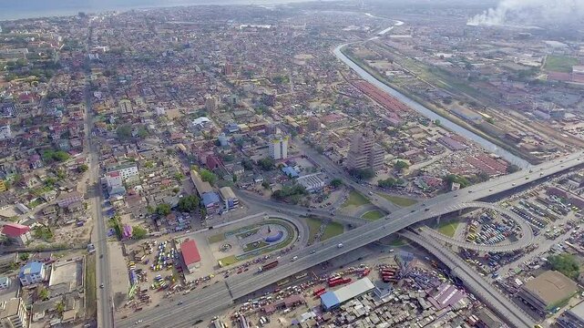 Aerial stock footage of the Kwame Nkrumah Interchange in Accra, Ghana formerly called Kwame Nkrumah Circle.
