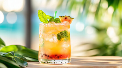 Fototapeta premium A refreshing tropical cocktail, bursting with vibrant colors, on a wooden table with ice cubes, fruit garnishes, and mint leaves, all set against a sunny beach, creating an atmosph