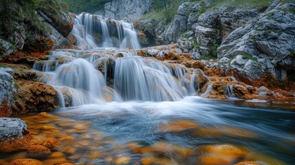 Obraz premium Serene Waterfall in a Mountainous Landscape