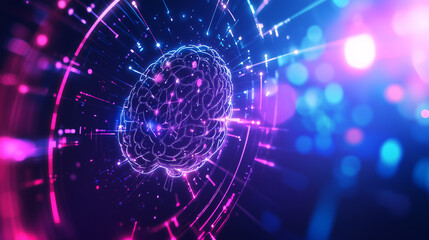 Fototapeta premium Futuristic Digital Brain with Illuminated AI Icons and Neural Network Design. AI technology, glowing brain, artificial intelligence, digital network, neural connections, futuristic